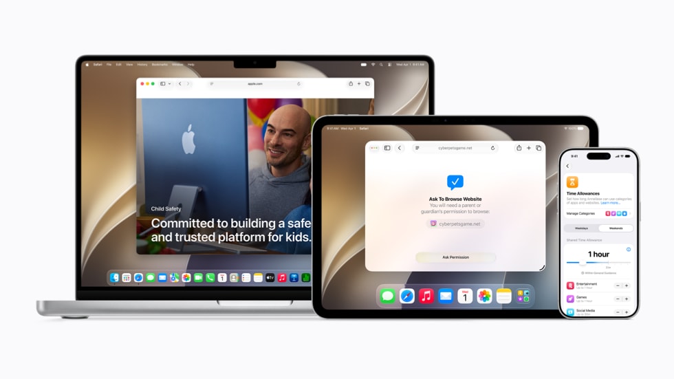 A 14-inch MacBook Pro, an 11-inch iPad Pro, and iPhone 17 Pro are arranged side by side and show various screens related to Apple’s updated child safety features.