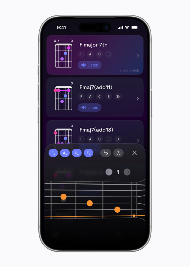 The Guitar Wiz app on iPhone 17 Pro shows guitar chord diagrams and finger placements.