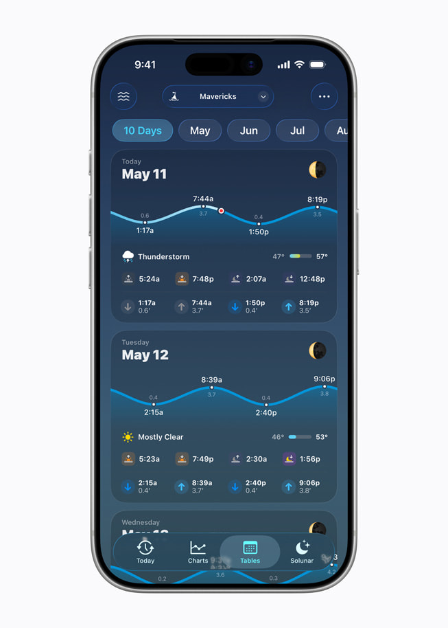 The Tide Guide: Charts & Tables app on iPhone 17 Pro shows tide charts and weather data.