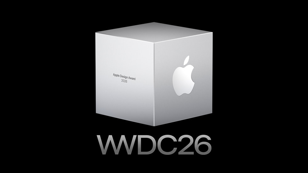 A white cube shows the Apple logo on one side and the text ‘WWDC26’ on the front, against a black background.