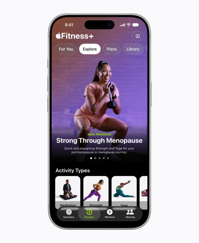 iPhone 17 Pro shows an Apple Fitness+ screen featuring the Strong Through Menopause program.