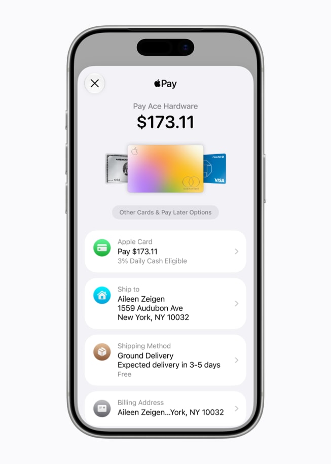 iPhone 17 Pro shows Apple Pay screen featuring a transaction total, Apple Card information, the users shipping information, the shipping method, and the user’s billing address.