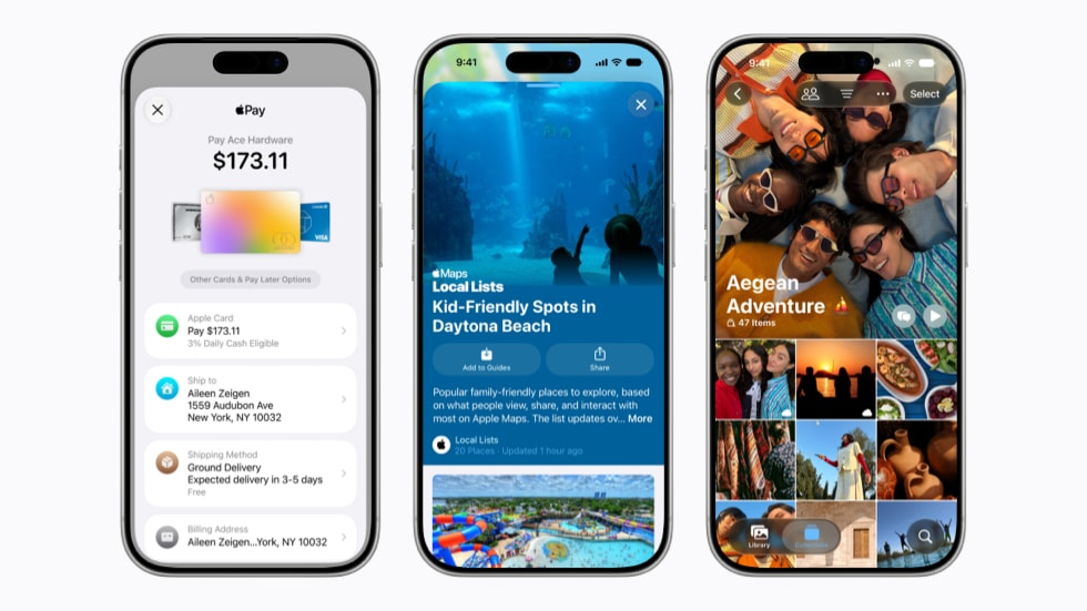Three iPhone 17 Pro devices show screens from various Apple services.
