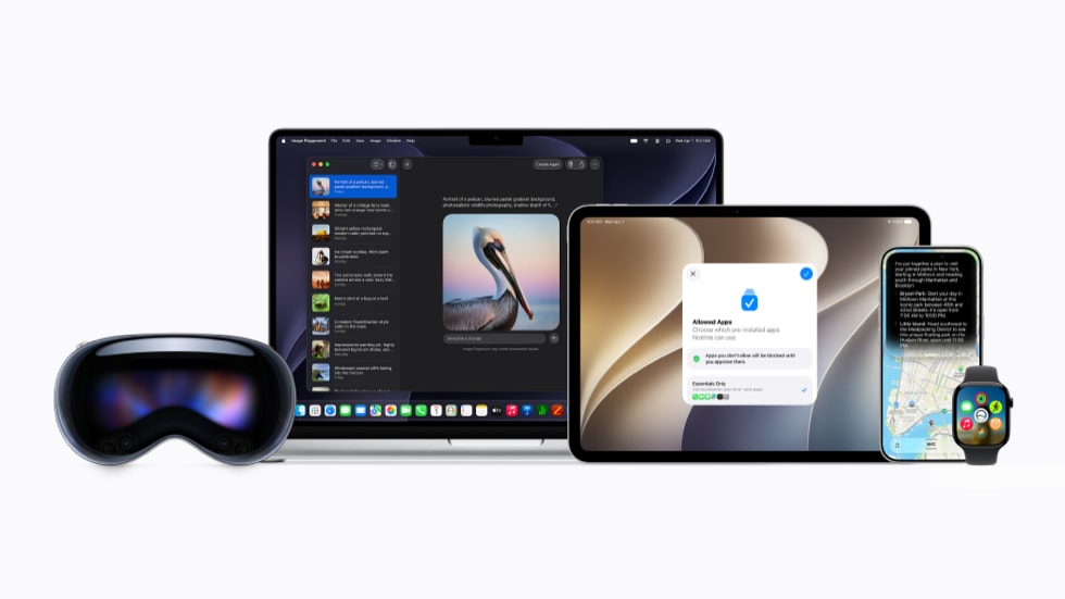 Apple Vision Pro, MacBook, iPad, iPhone, Apple Watch, and Apple TV are pictured.