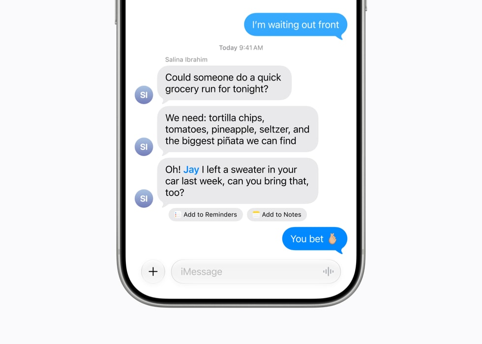iPhone 17 Pro displays a Messages conversation with one-tap suggestions to create a note or reminder about bringing a sweater.