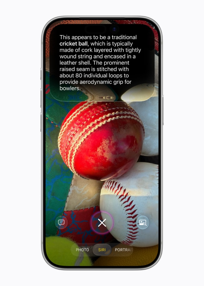 iPhone 17 Pro shows a Siri AI screen featuring a description of a cricket ball over a photo of the object.