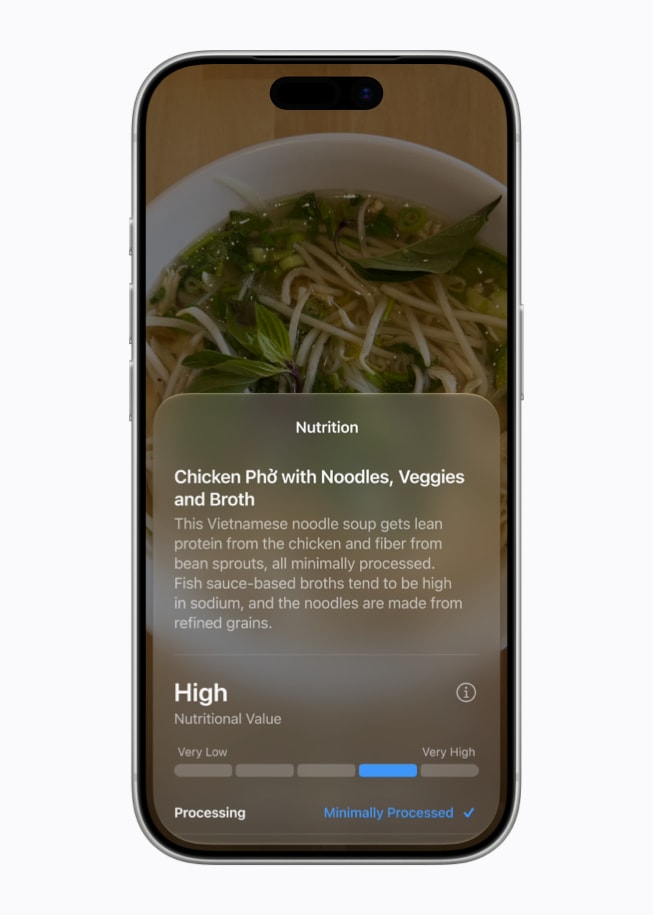 iPhone 17 Pro shows a Siri AI screen featuring Siri mode in the Camera app, with a description of pho and nutrition information over a photo of the dish.