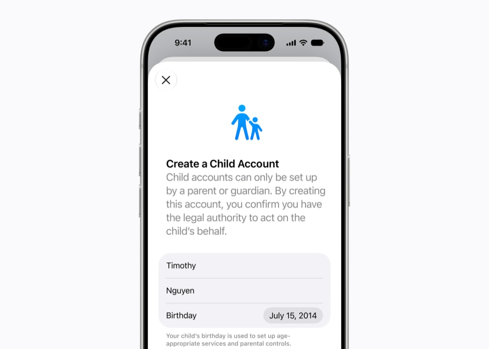 iPhone 17 Pro shows the setup page for a child account.