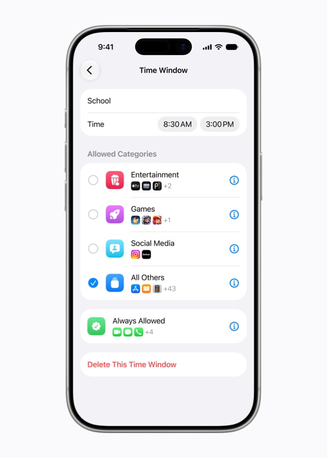 iPhone 17 Pro shows the setup for which categories of apps and websites are allowed during a specific time window labeled “School” and noted as 8:30 a.m. to 3 p.m.