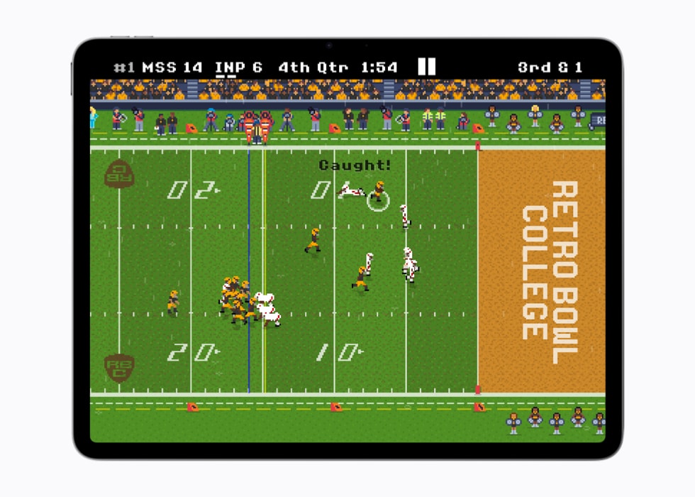 A screen shows gameplay from Retro Bowl College+ on a 13-inch iPad Air.