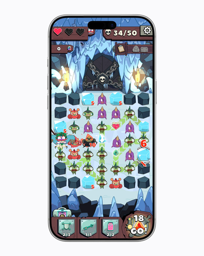 The tactical path-tracing gameplay of Grindstone is displayed on iPhone 17 Pro Max.