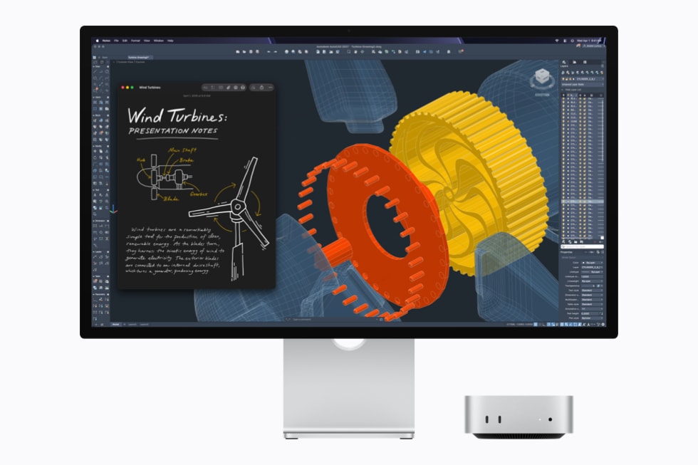 Mac mini with M5 Pro is shown with a display running AutoCAD.