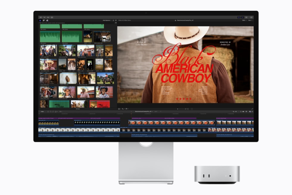 A Mac mini with M6 is shown with a display running Final Cut Pro.