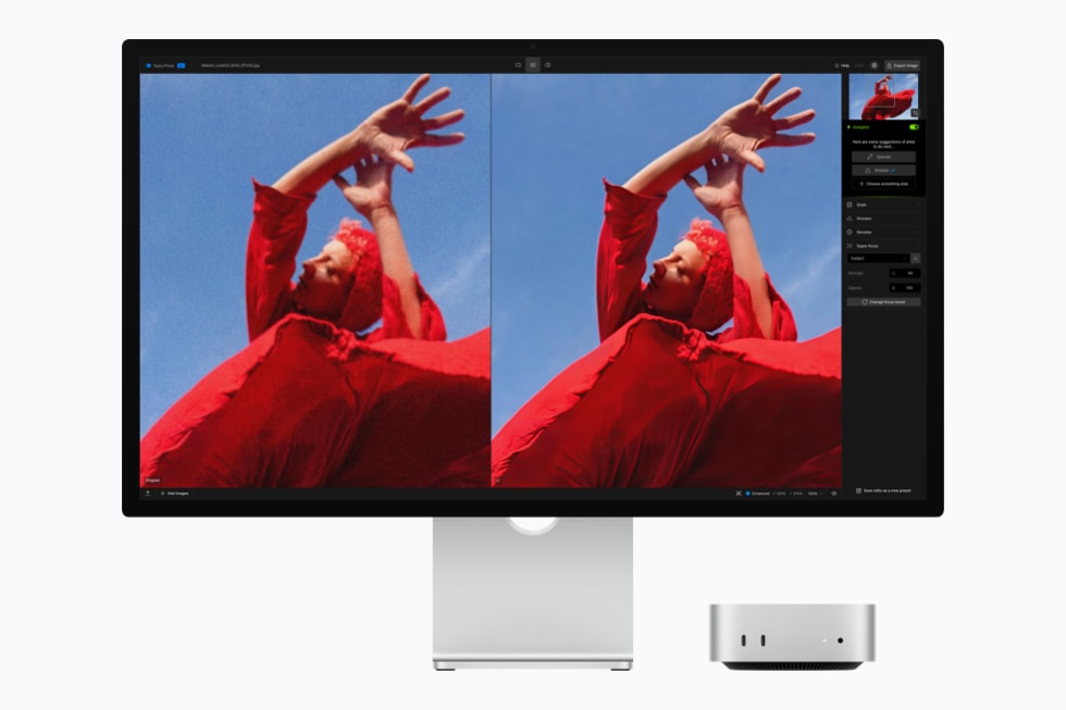 Mac mini with M5 Pro is shown with a display running photo editing software showing a person in a red outfit.