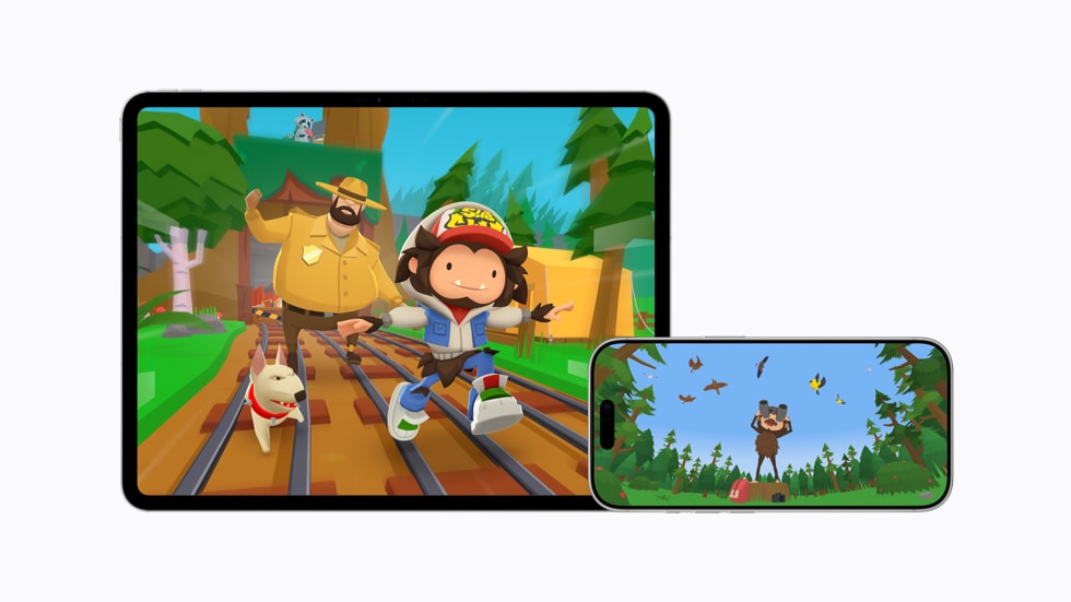 Gameplay for Sneaky Sasquatch is shown on iPad and iPhone 17 Pro.