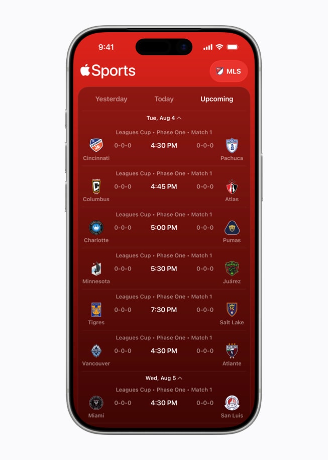 An iPhone 17 Pro screen shows the Apple Sports app, featuring an upcoming match schedule.