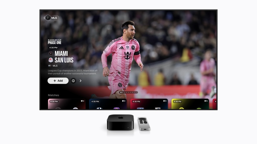 An Apple TV screen features an upcoming match between Inter Miami CF and Atlético de San Luis, with a photo of Lionel Messi.