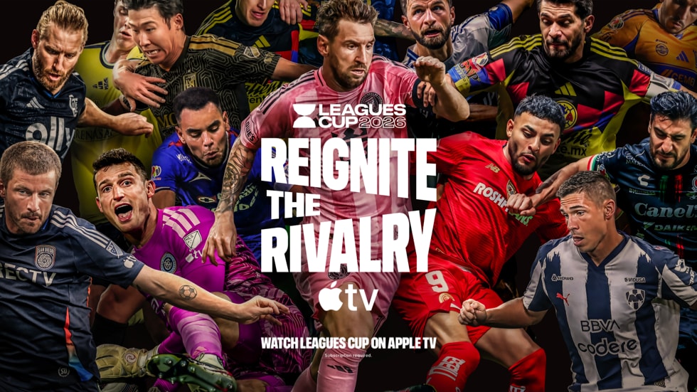 Artwork for Leagues Cup 2026 on Apple TV features a collage of athletes along with the phrase “Reignite the rivalry."