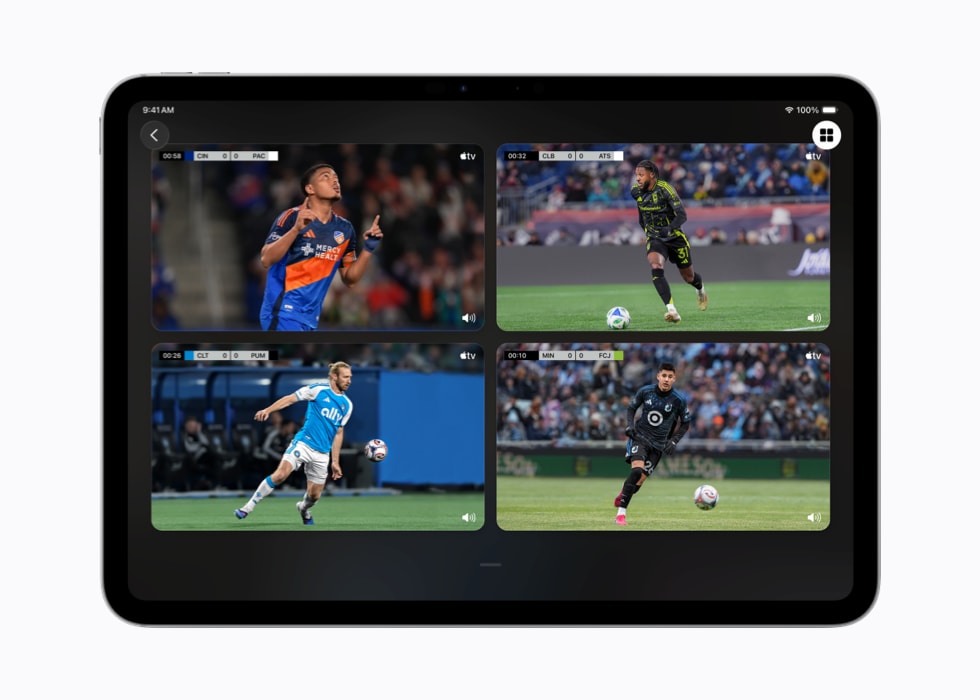 An 11-inch iPad Pro screen shows four different soccer matches.