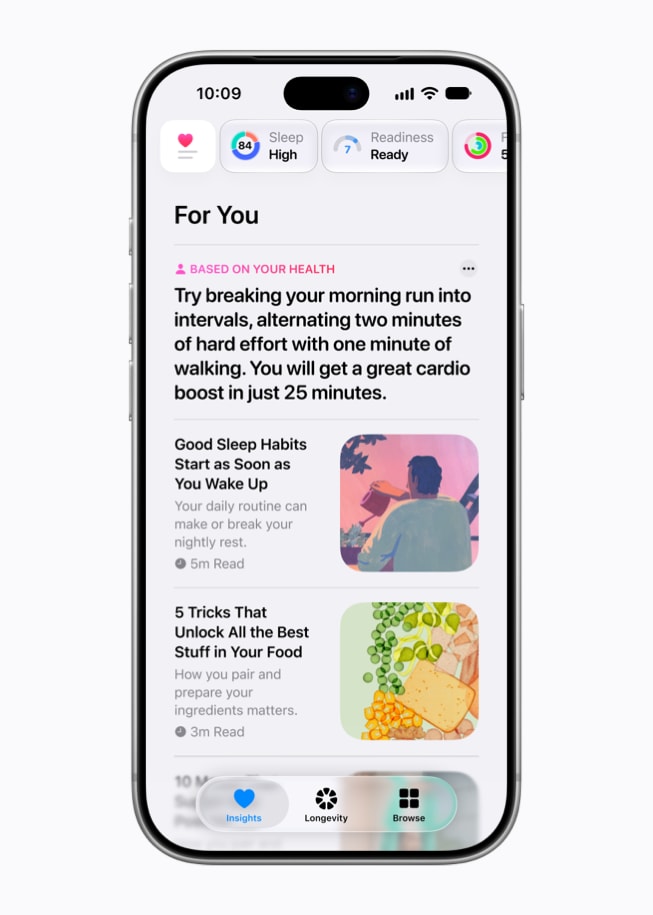 A user’s iPhone 18 Pro shows For You recommendations from the Insights tab in the Health app.