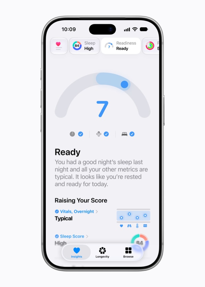 A user’s iPhone 18 Pro shows readiness data from the Insights tab in the Health app. The user has a score of 7, which means “Ready.”