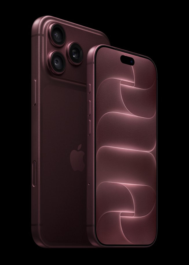 Parte frontal de un iPhone 18 Pro color borgoña junto a la parte posterior de un iPhone 18 Pro Max color borgoña.