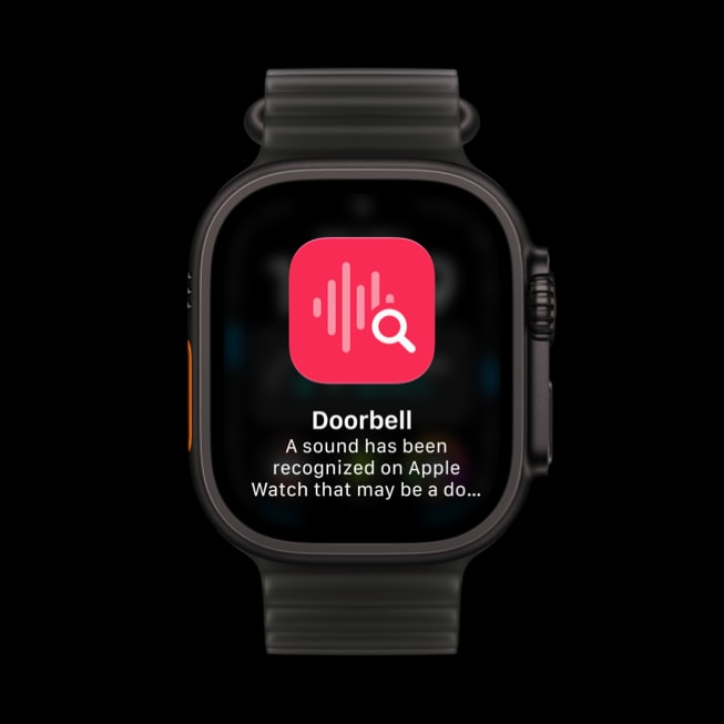The Sound Recognition feature displayed on Apple Watch Ultra 4 shows a doorbell alert. 