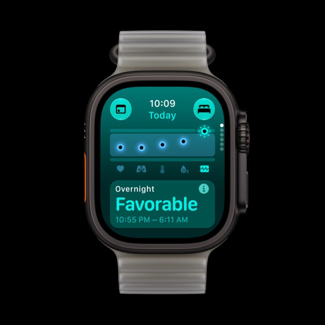 Un Apple Watch Ultra 4 muestra signos vitales nocturnos.
