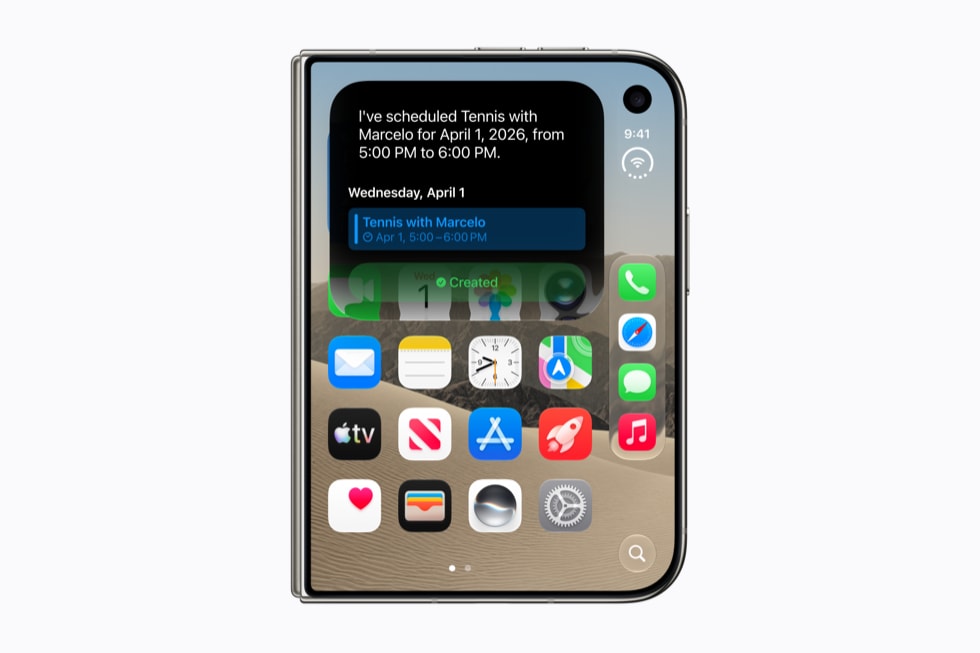 Siri AI taps into an iPhone Duo user’s apps to create a Calendar event for a tennis match.