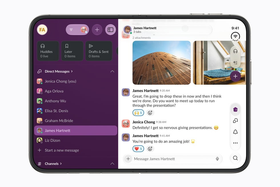 The Slack app interface is shown on iPhone Duo.