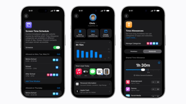 Three iPhone 18 Pro devices each display Screen Time, Family Sharing, and Screen Time Allow onscreen.
