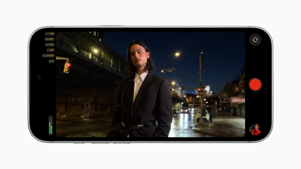 iPhone 18 Pro shows a Final Cut Camera screen featuring a person posing at night on a city street.