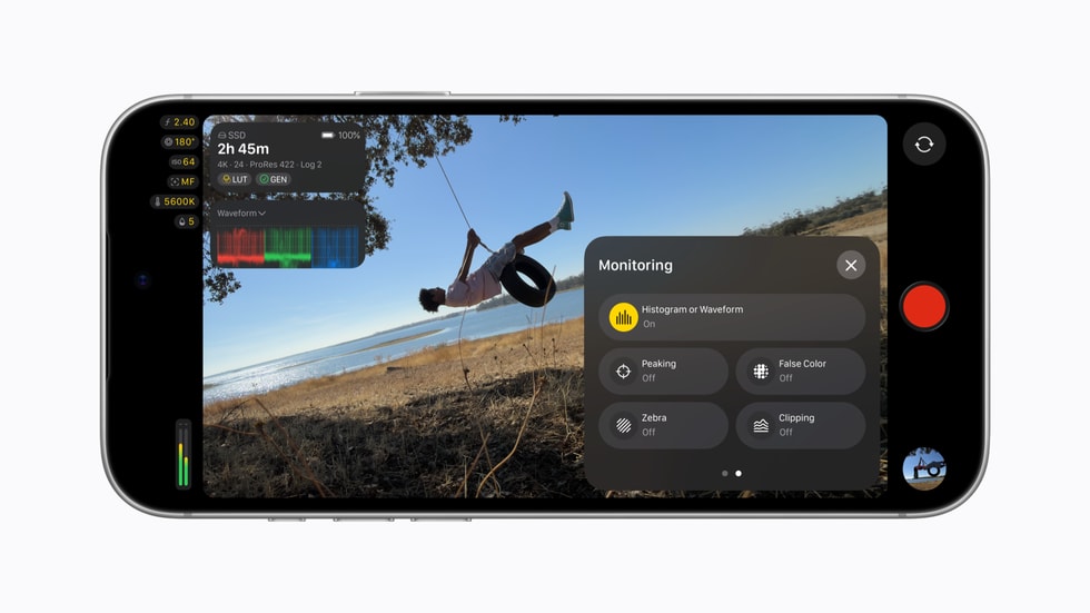 iPhone 18 Pro shows a Final Cut Camera screen with the subject riding on a tire swing and video scopes, including the RGB Parade and histogram, displayed.