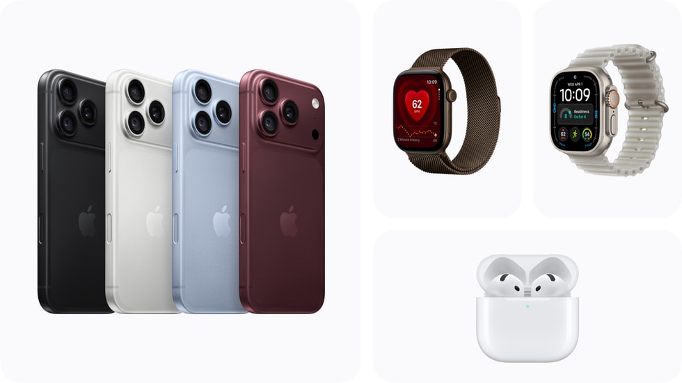 iPhone 18 Pro in black, silver, glacier, and burgundy; three Apple Watch Series 12 devices; and AirPods 5.
