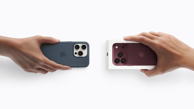 One hand holds an iPhone device that’s not in a box, while another hand holds an iPhone 18 Pro in a box.