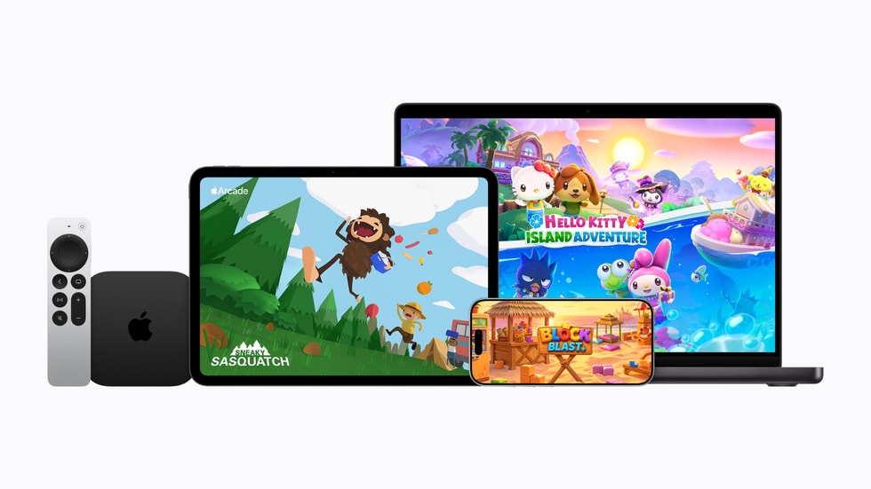أجهزة Apple TV وiPad وiPhone 18 Pro وMac تعرض ألعاب Apple Arcade‏، وهي Hello Kitty Island Adventure وSneaky Sasquatch وPowerWash Simulator.