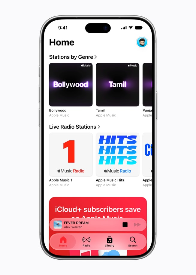 iPhone 18 Pro displays an Apple Music Select screen featuring Bollywood and Tamil stations, as well as multiple live radio stations.