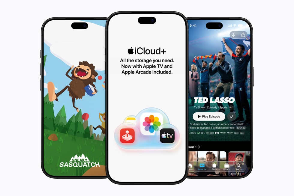 ثلاثة أجهزة iPhone 18 Pro تعرض لعبة Sneaky Sasquatch علىApple Arcade، وحساب مستخدم على +iCloud، وصفحة لمسلسل Ted Lasso على Apple TV.