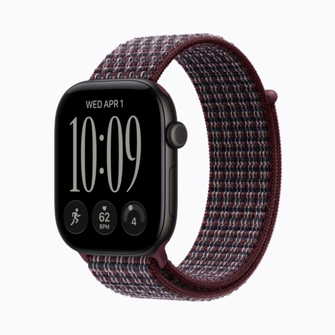 Apple Watch Series 12 in black aluminum with a burgundy plaid Sport Loop band.