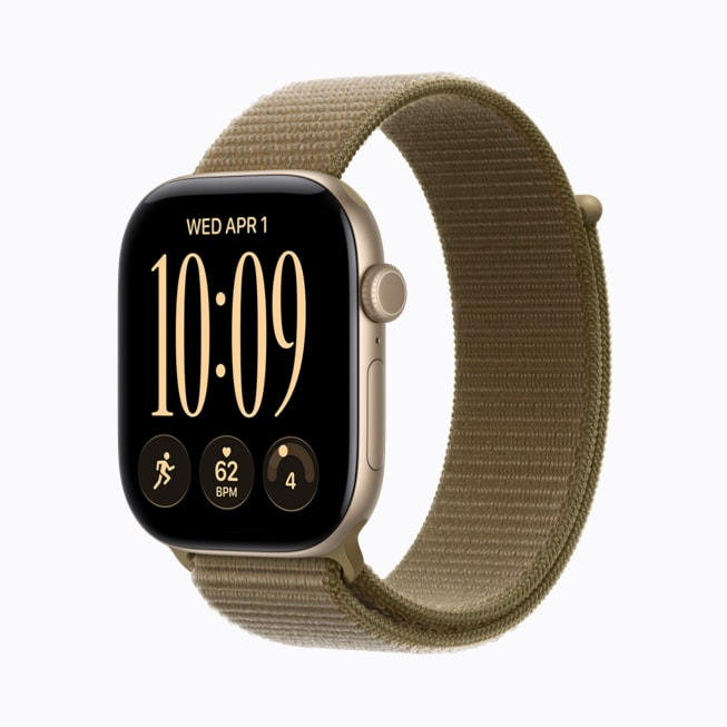Apple Watch Series 12 in light gold aluminum with an olive Sport Loop band.