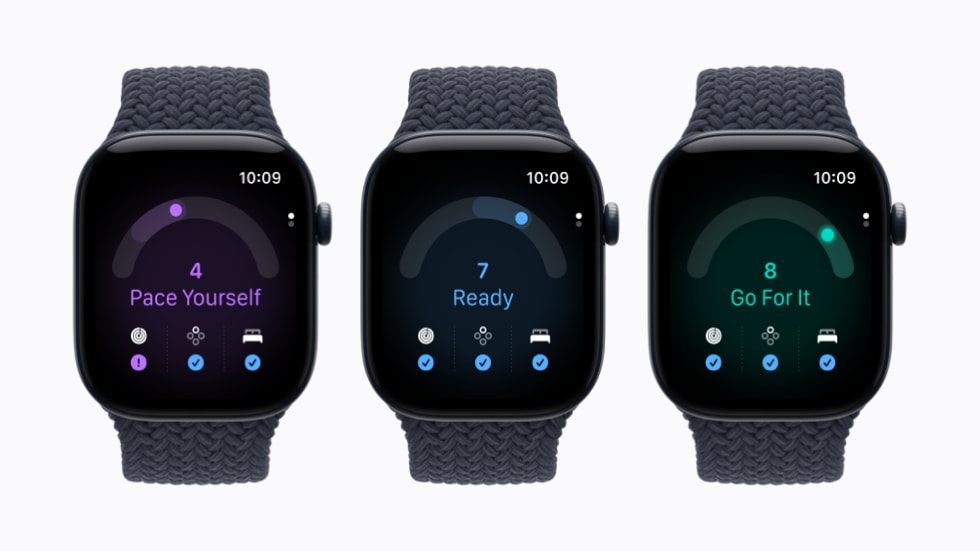 Three Apple Watch Series 12 devices show readiness scores: Pace Yourself, Ready, and Go For It.