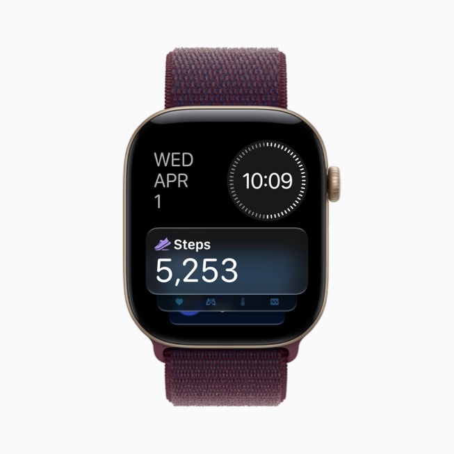 Apple Watch Series 12 shows the Steps complication, with a graphic of a shoe and a count of 5,253 steps.