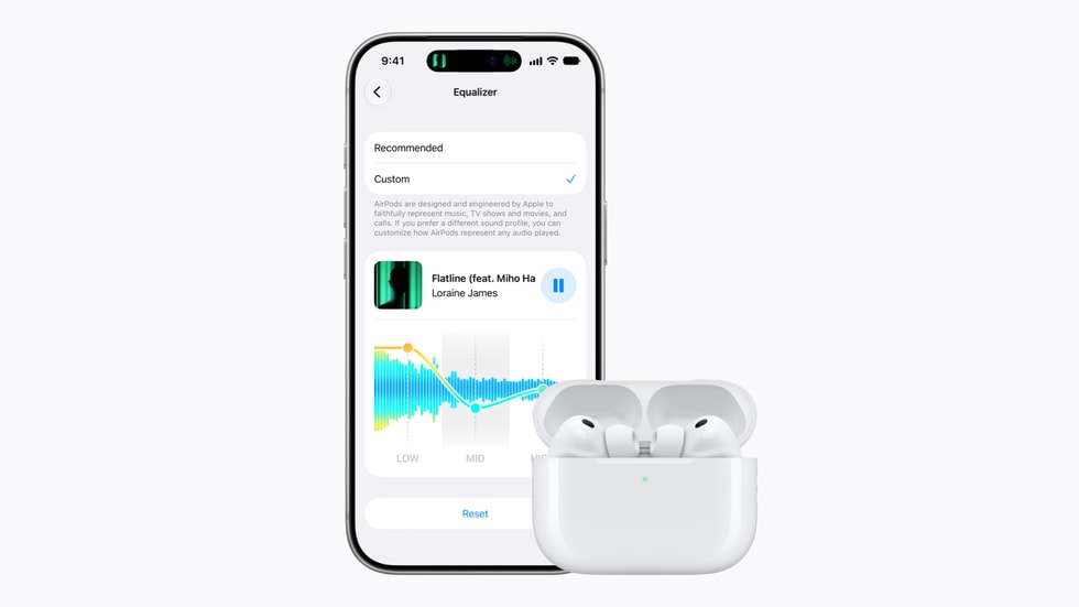A pair of AirPods are shown next to a user’s iPhone 18 Pro showing their AirPods settings.