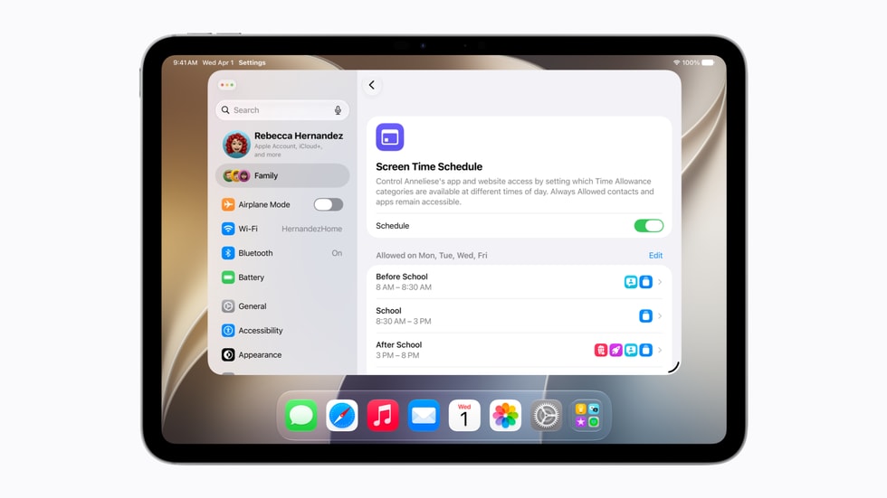 A user’s Screen Time Schedule is shown on iPad.