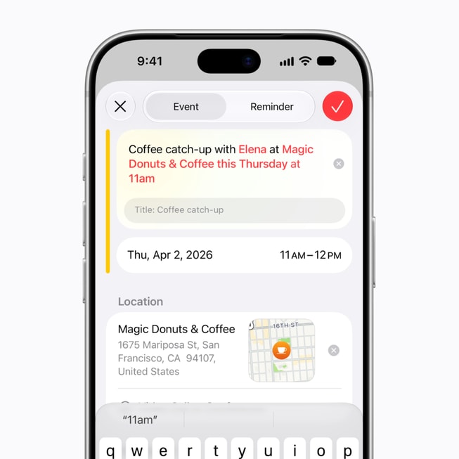 Apple Intelligence che crea un evento di Calendario su un iPhone 18 Pro.