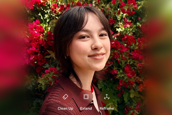 Un menu degli strumenti di fotoritocco nell’app Foto che include Ripulisci, Estendi e Reinquadra.