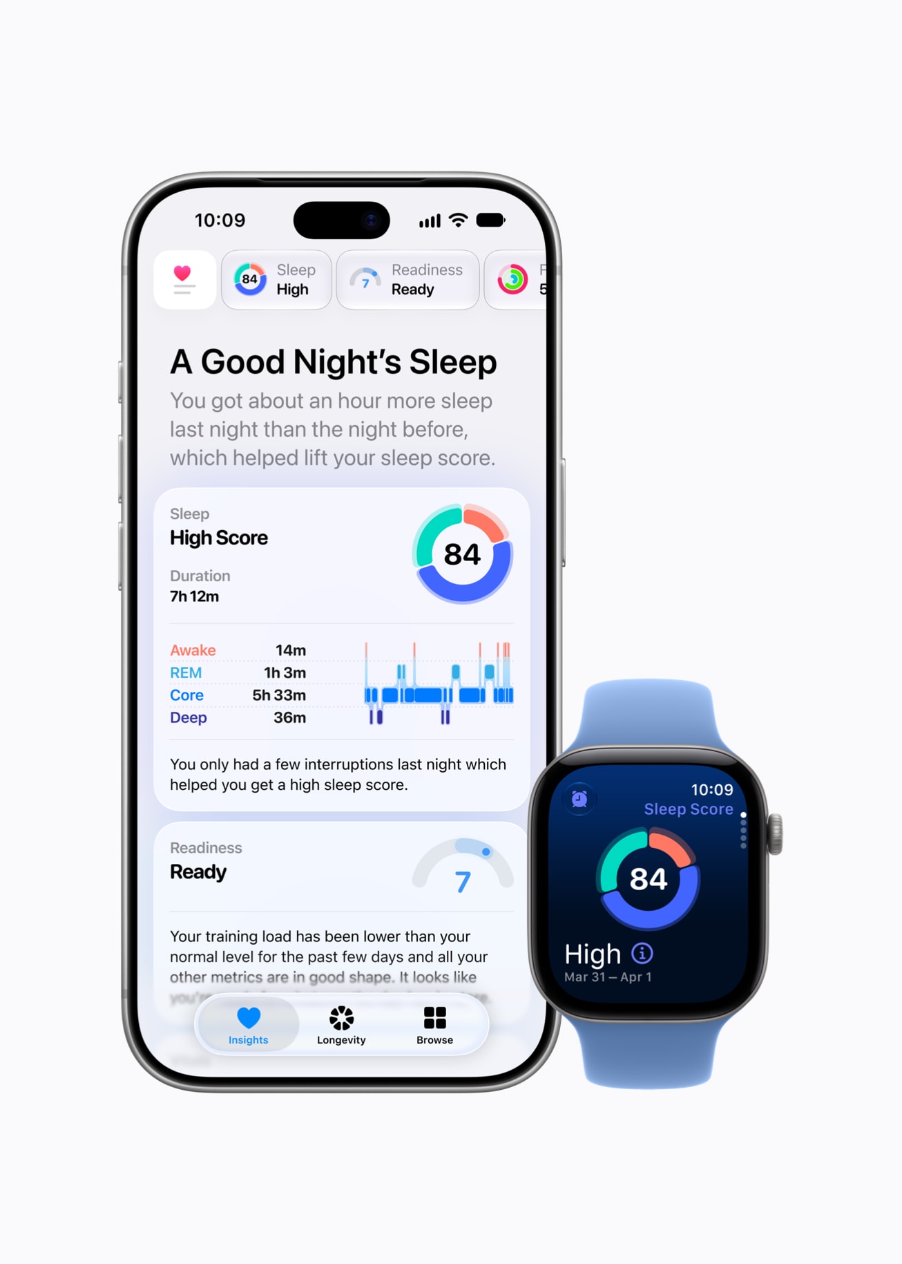 In the Health app on iPhone 18 Pro and Apple Watch Series 12, a user’s screen shows their sleep score.