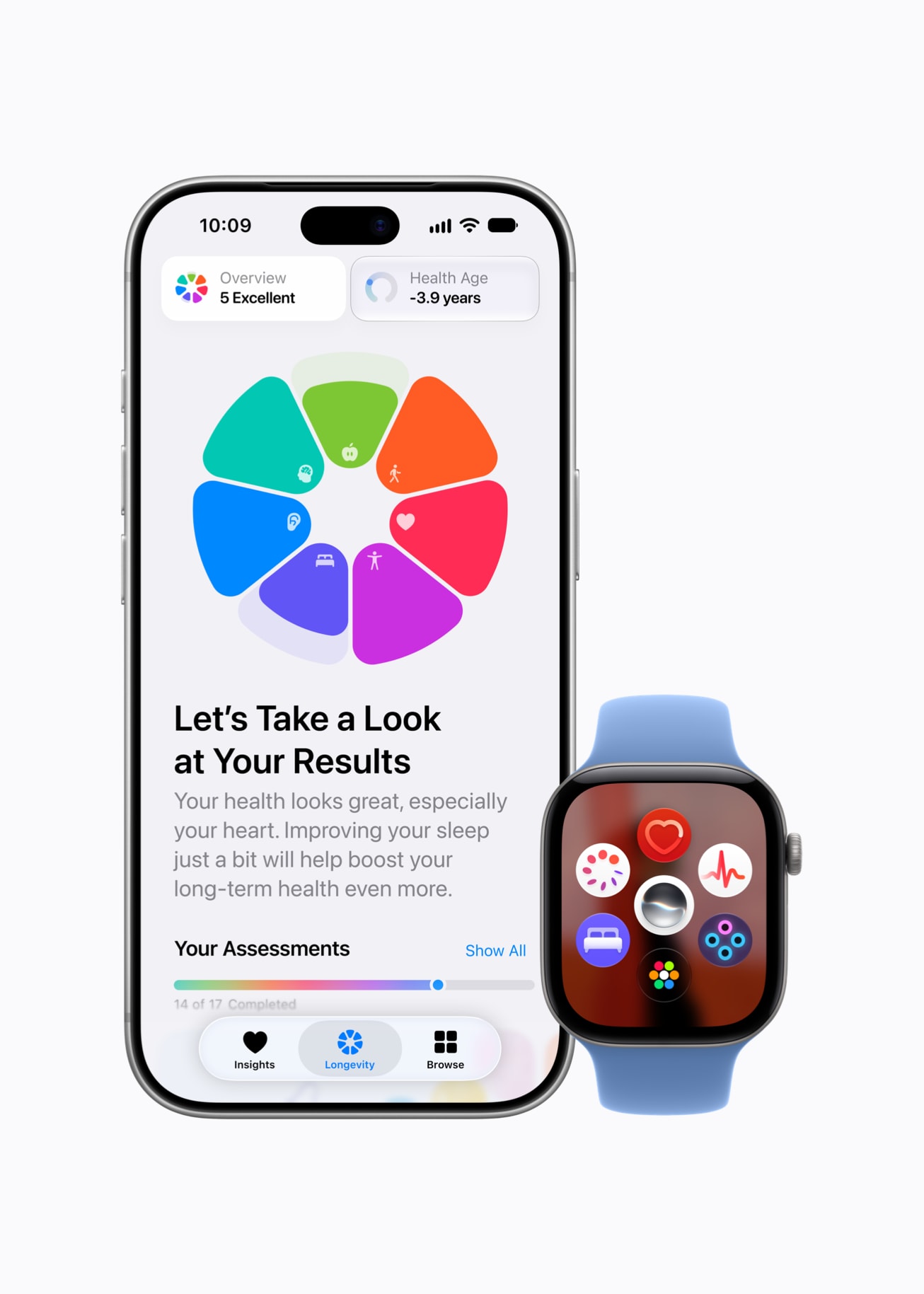 In the Health app on iPhone 18 Pro, a user’s screen reads “Let’s Take a Look at Your Results.” Their Apple Watch Series 12 sits next to their phone.