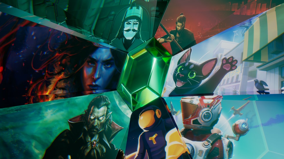 A green gem radiates seven rays, each of which contains an image from Sifu; Little Kitty, Big City; No Man’s Sky; Dome Keeper; Vampire Crawlers; Yes, Your Grace 2: Snowfall; and 9 Kings.