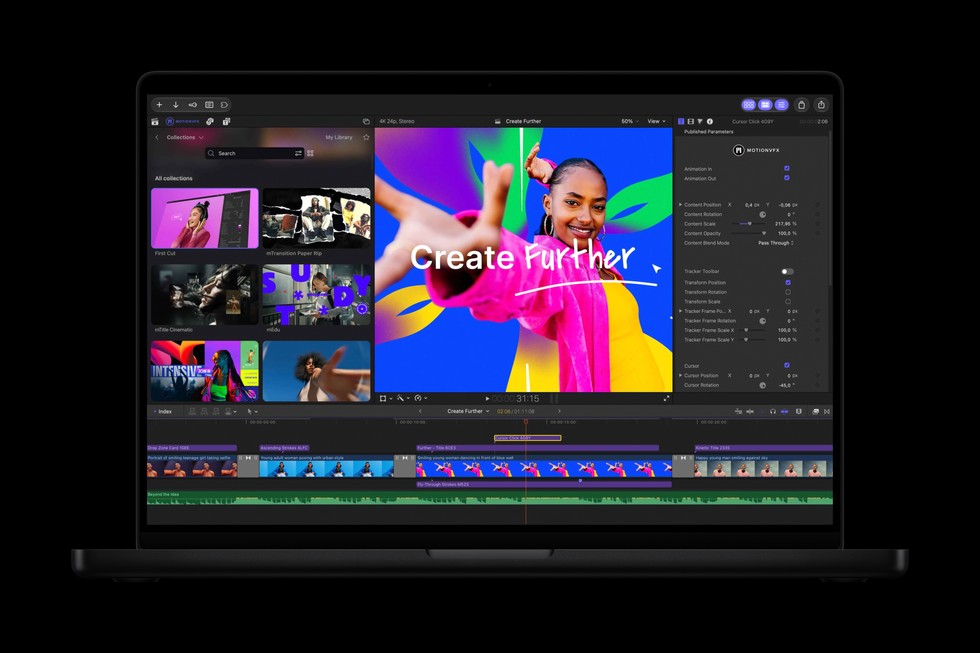 MacBook Pro shows a MotionVFX screen in Final Cut Pro.